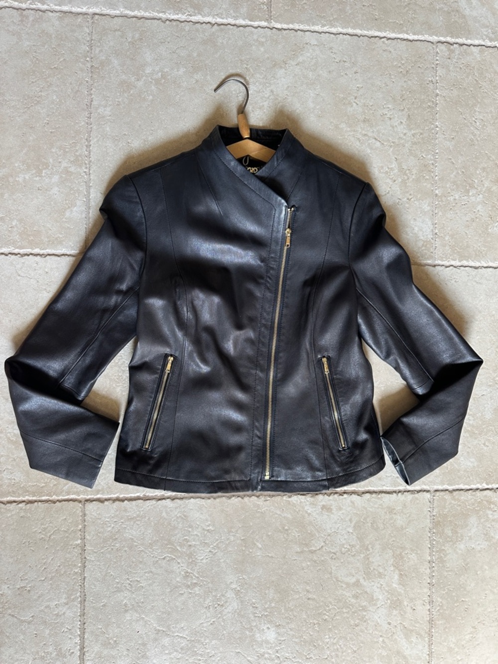 Cole Haan Black Asymmetrical Zip Leather Jacket